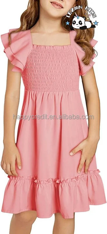 LEZONKIDS - Summer Customize Tween Girls Elegant Ruffle Sleeve Dresses smocked solid color dress for 2-14 Years